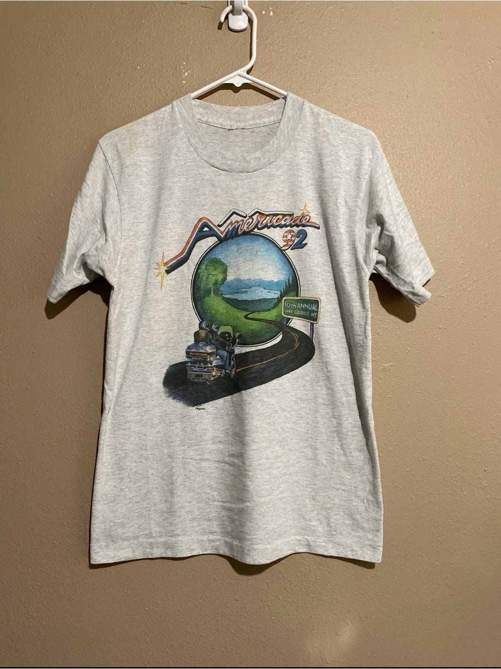 Vintage 1992 Americade Motorcycle Graphic Gray T-Shirt Adult M Single Stitch